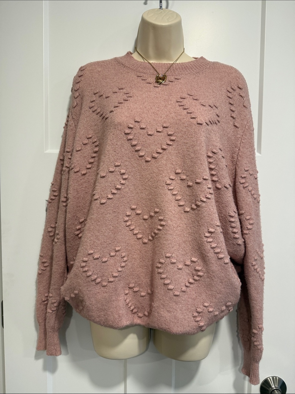 Doe & Rae Pink Blush Heart Sweater Textured Knit Size M